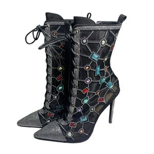 Azalea Wang Womens Stones Multicolor Gems Black Boots Size 8.5 Black Spiked Heel